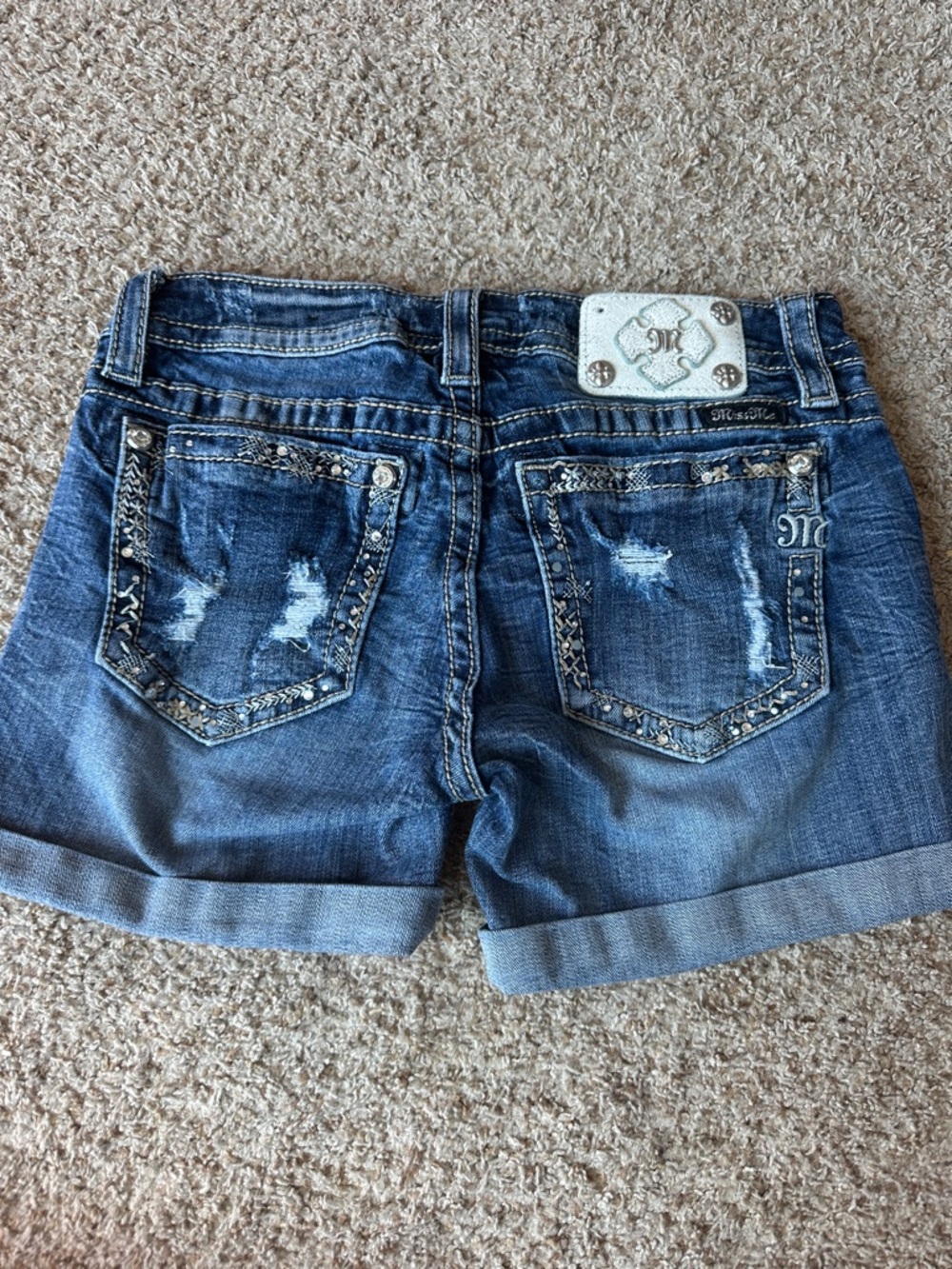 Miss Me Embellished Dark Blue Rolled-Hem Denim Shorts